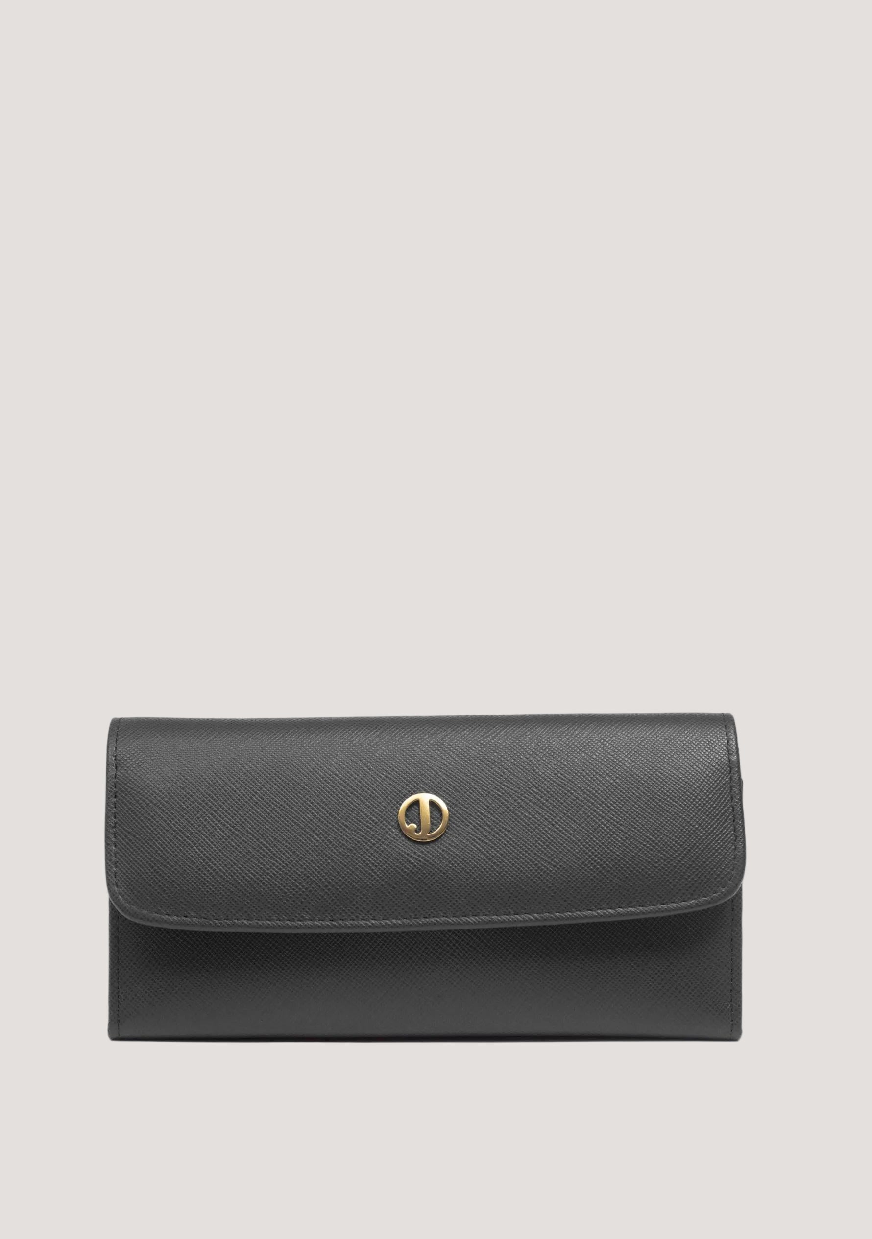 Black clutch bag with a gold clasp on a white background